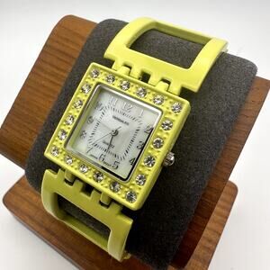 Versales Yellow Square Quartz Watch w Crystal Bezel & Link Bracelet